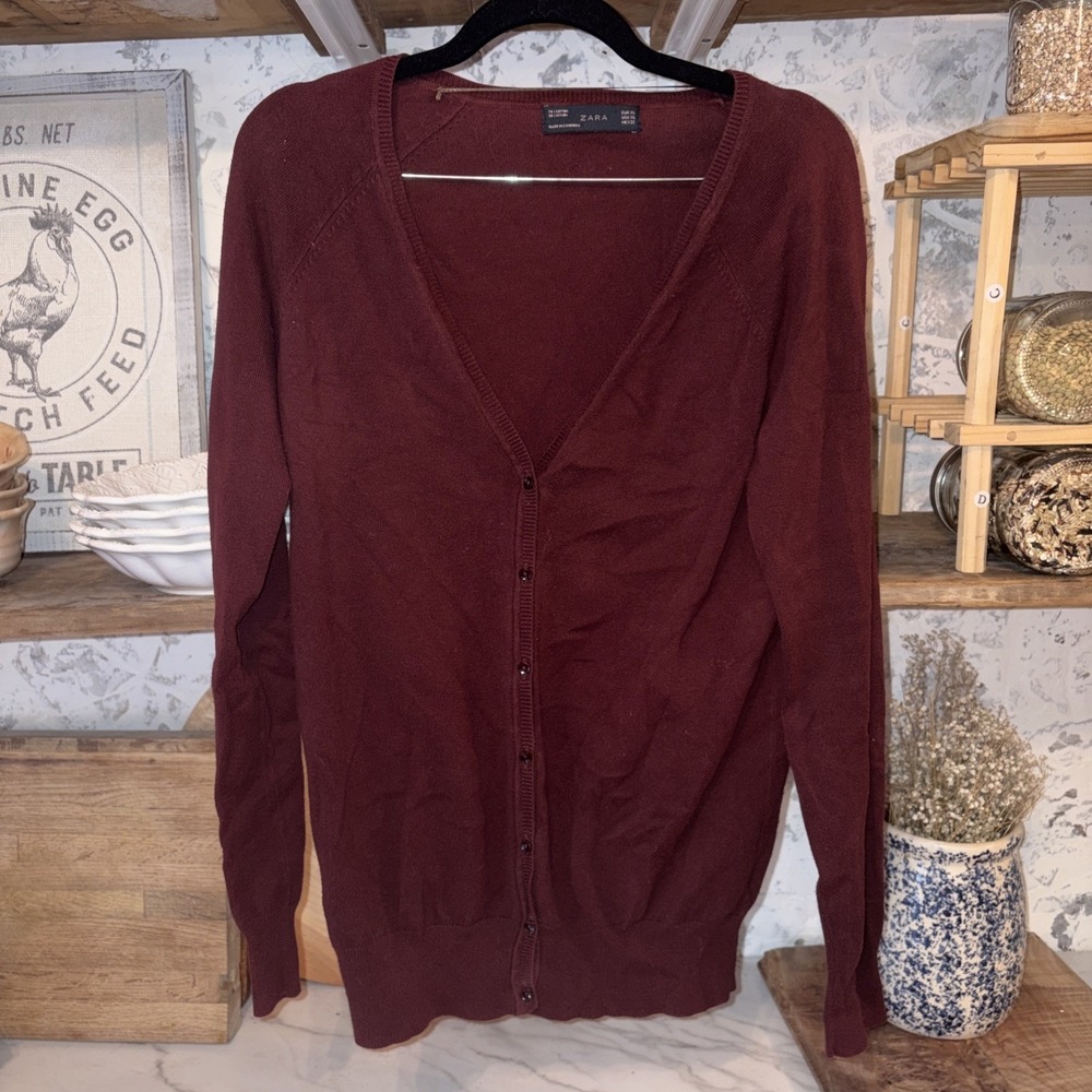 ZARA Long Wine Grannycore Lightweight Mr Rogers Cardigan Women's Size XL